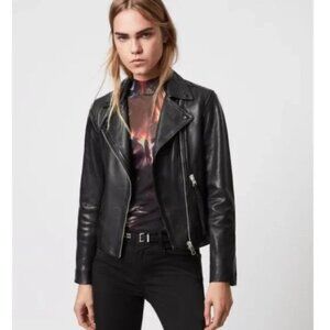 All Saints Dalby Leather Biker Jacket in Black Leather